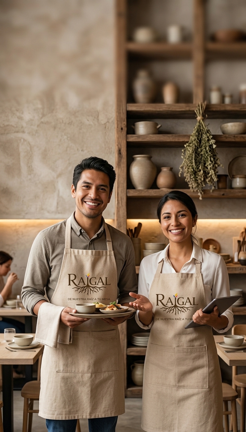 Equipo de Raigal con delantales de la marca en la cocina