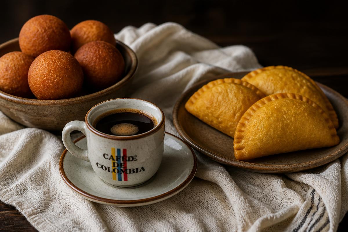 Café colombiano con buñuelos y empanadas